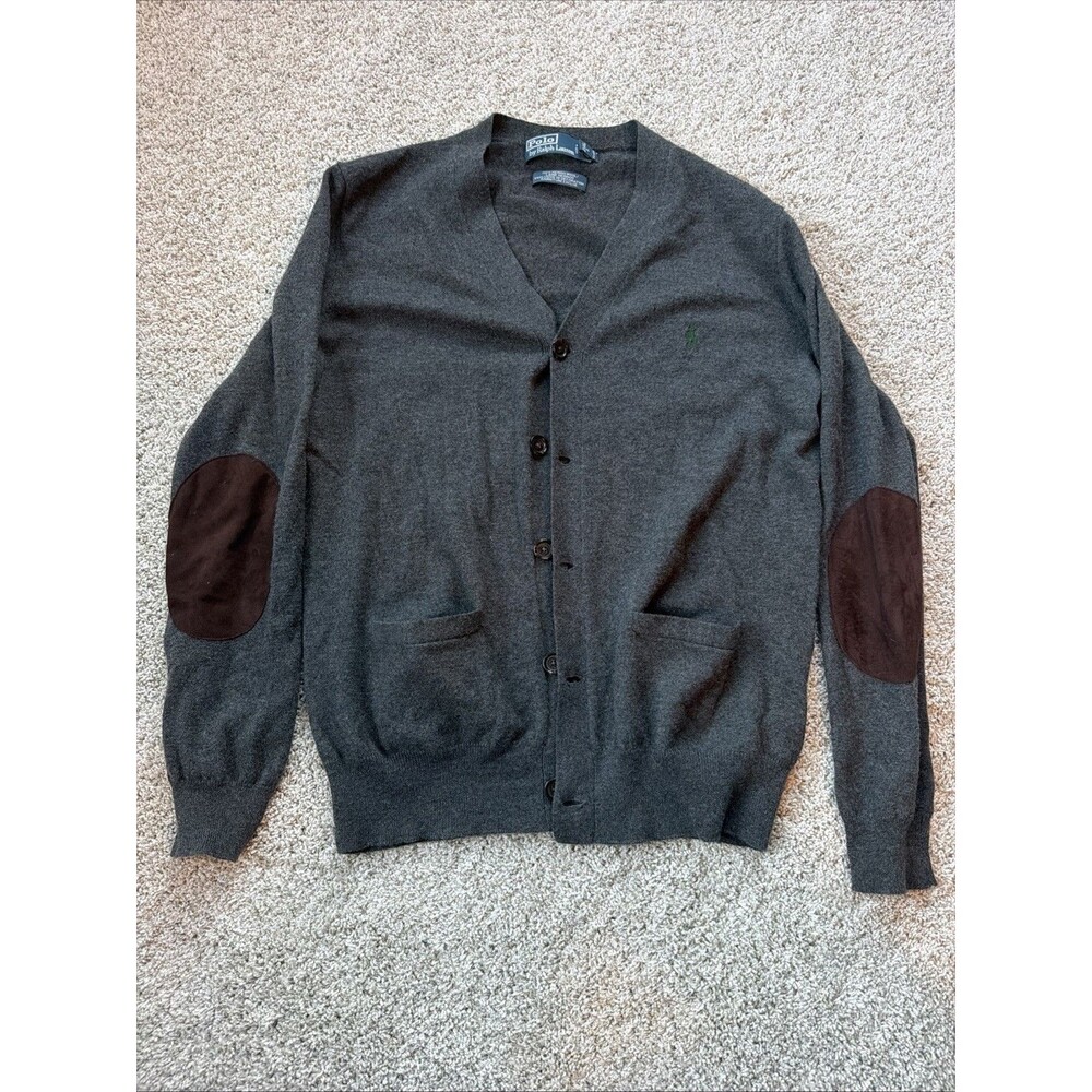 Polo Ralph Lauren Cardigan Merino Wool Sweater Leather Elbow Patch Size Small